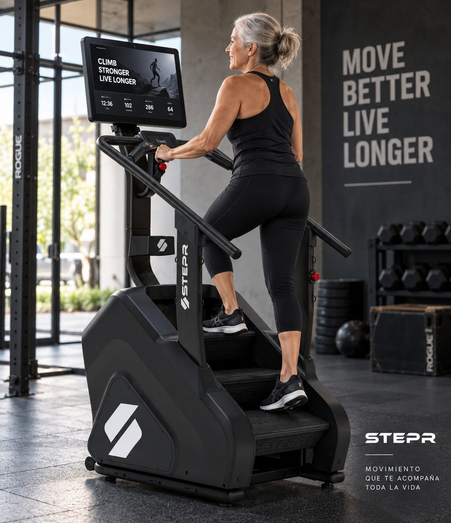 Mujer entrenando en escaladora STEPR en home gym con equipo Rogue — Iron Equipment México