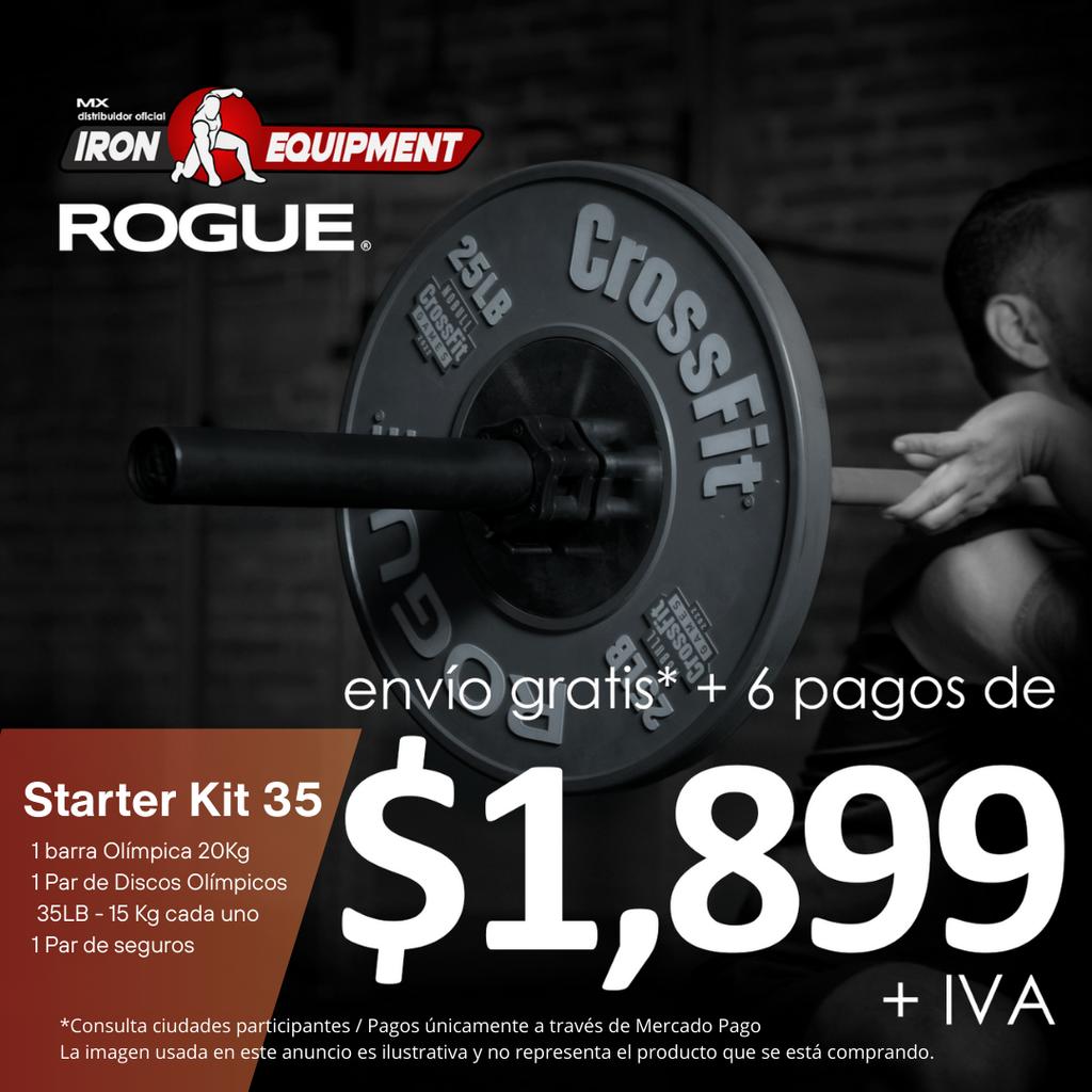Paquete Starter Kit 35      ( 1 barra Olímpica 20Kg / 1 Par de Discos Olímpicos 35LB - 15 Kg cada uno / 1 Par de seguros)